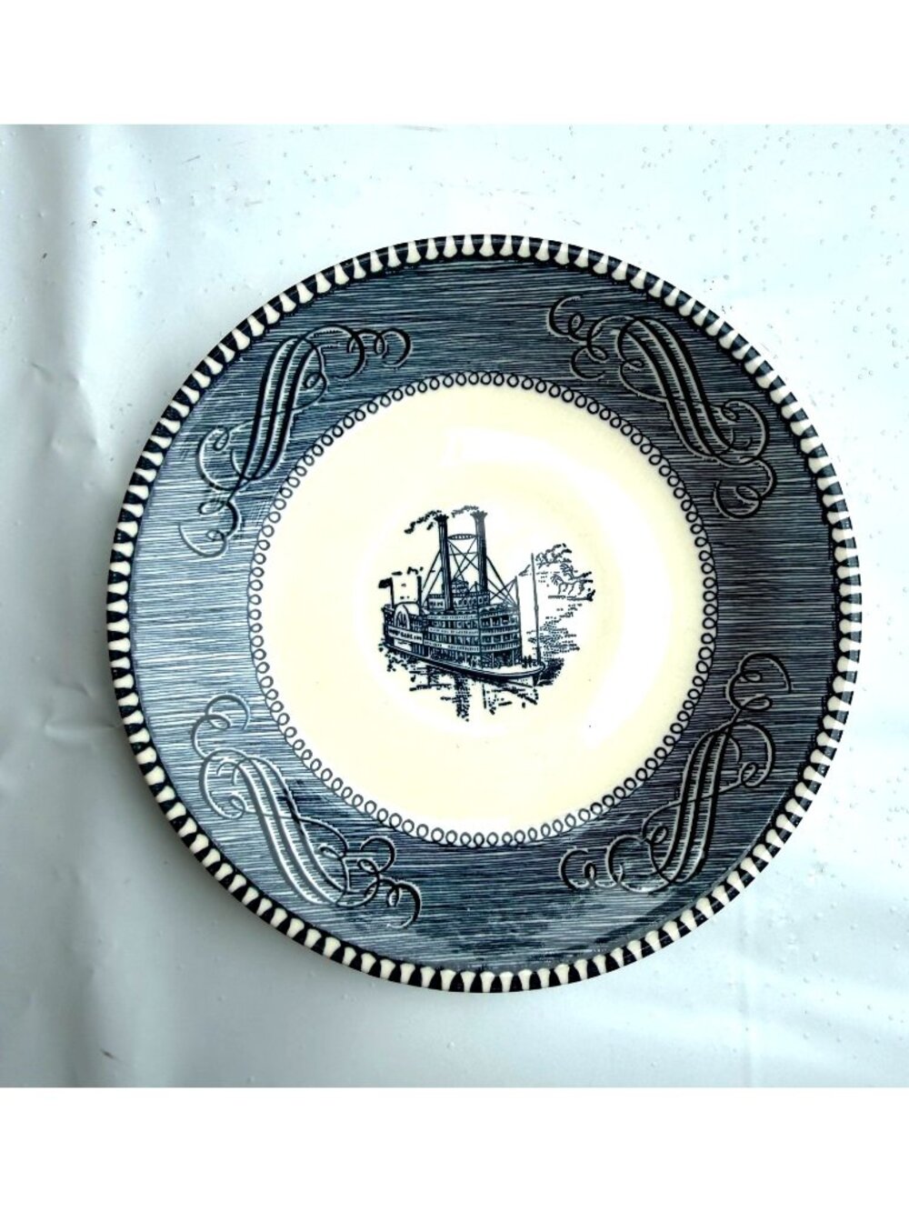 Vintage Blue White Riverboat Ceramic Plate Currier Ives Royal Transferware bread